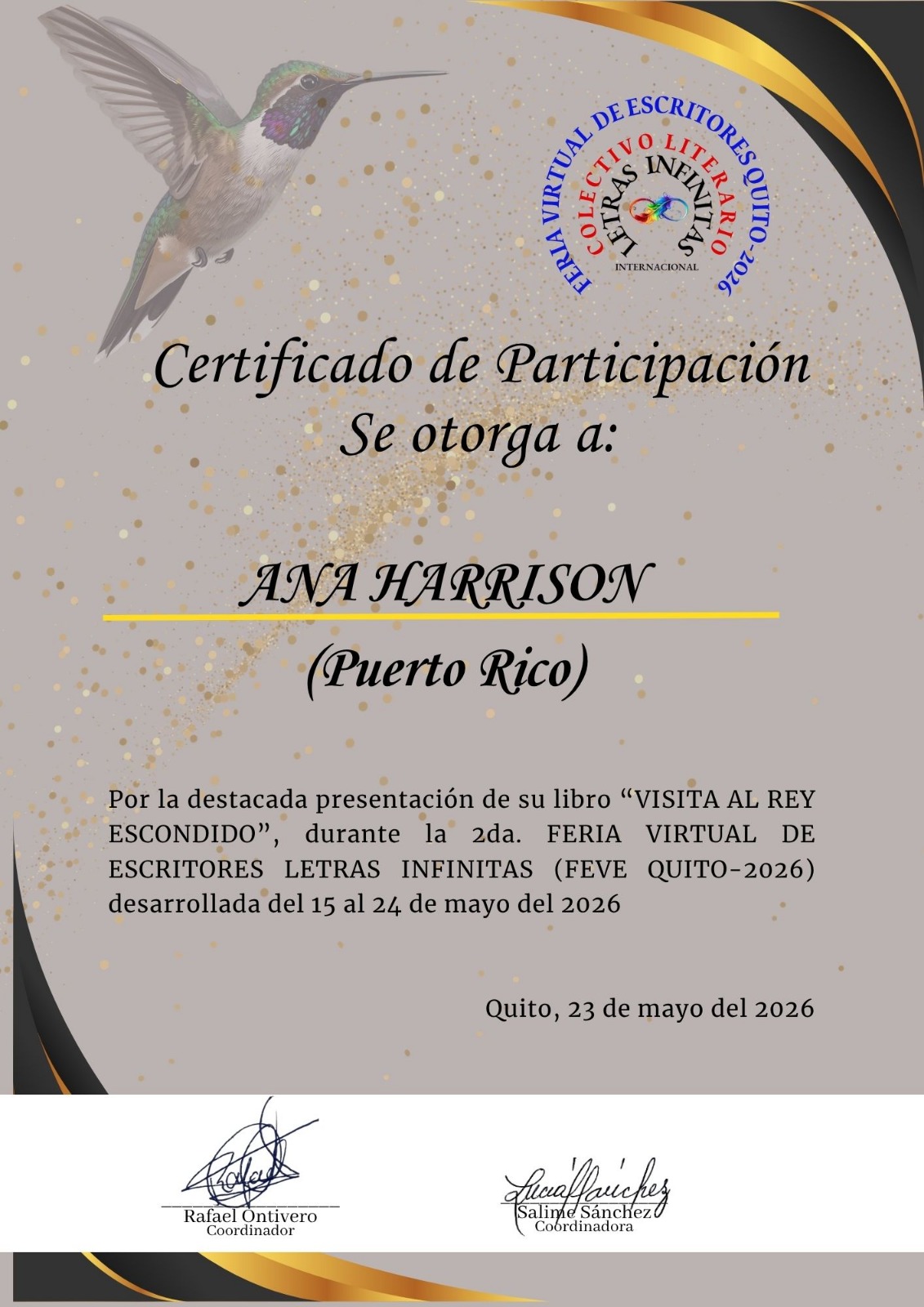 Certificado de Participación otorgado a Ana Harrison por la FEVE Quito 2026