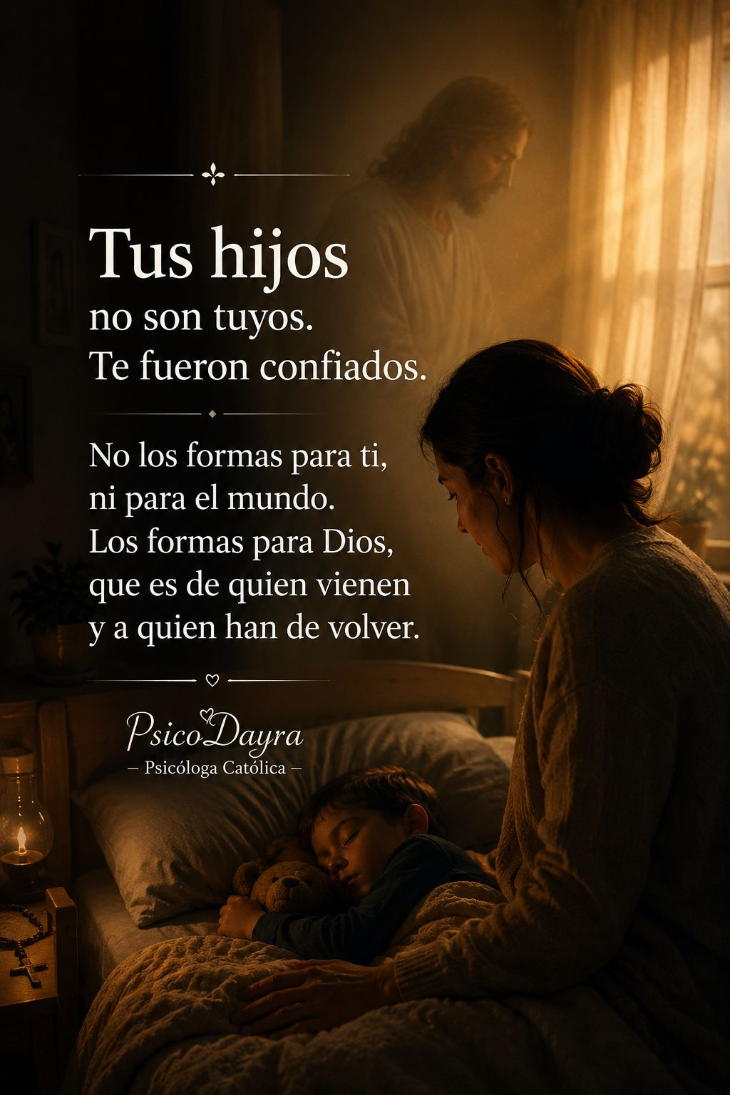Madre velando el sueño de su hijo con la presencia de Jesús
